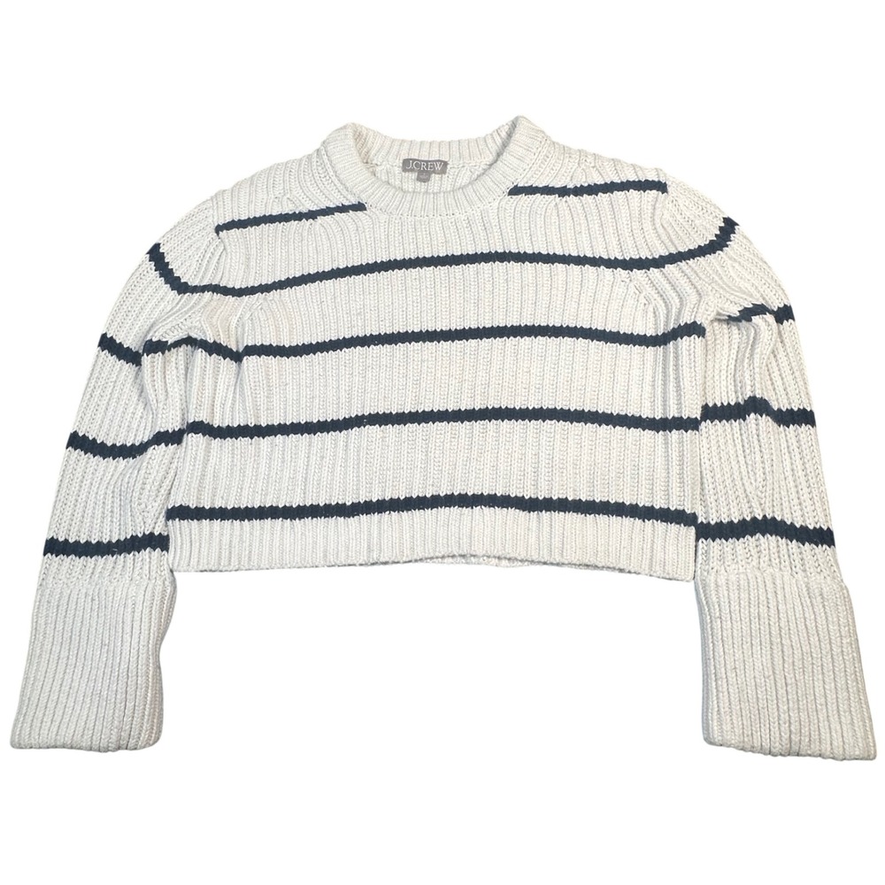 J.Crew Womens Ivory Navy Blue Striped Cropped Ribbed Cotton Sweater Small